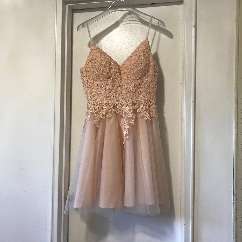 JJ's House Homecoming Dress Lace Tulle Spaghetti Straps Beading A-line V-neck